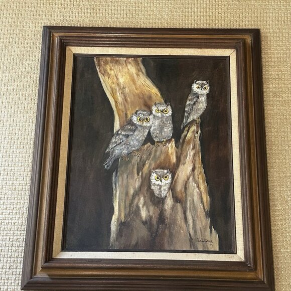 Large VTG Owl Original Oil Painting on Canvas 1970s Framed Signed 27x23 E. Jones - Picture 1 of 13
